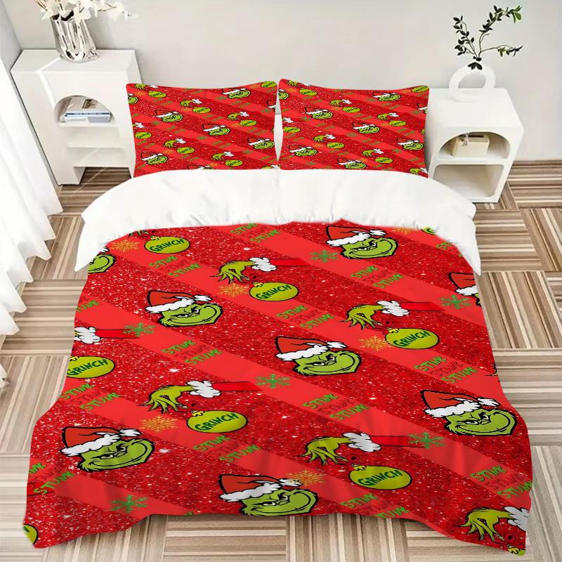 3Pcs Grinch Christmas Bedding Set Quilt Cover Pillowcase Home Christmas Xmas Halloween Gift 1 Duvet Cover 2 Pillowcase S921656