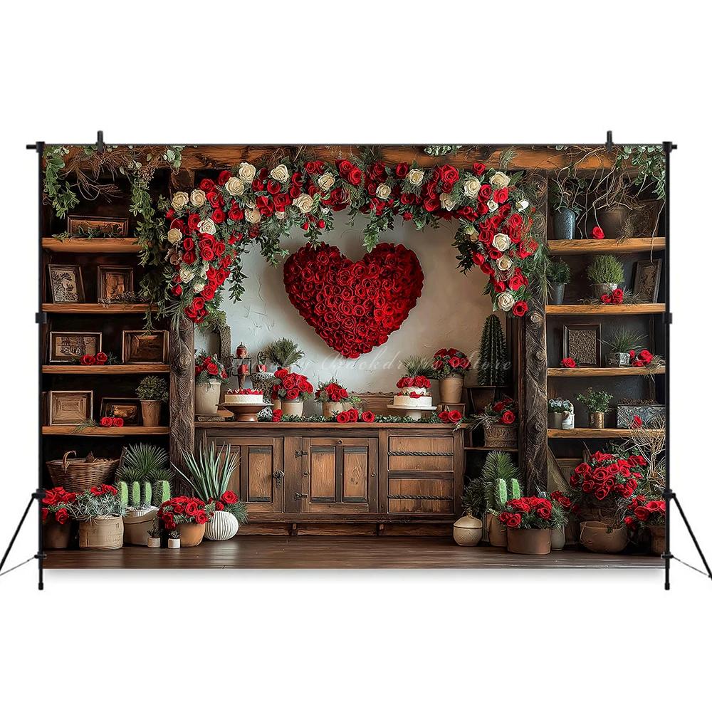 Valentine's Day red rose heart-shaped wooden cabinet banner shooting Backdrop, Valentine's Day adult portrait shooting Backdrop13