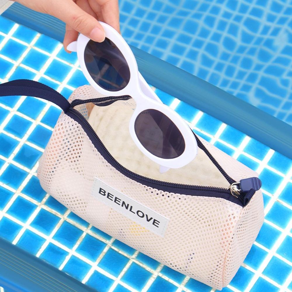 Handheld Beach Mesh Bag Large Capacity Mesh Makeup Bag Multifunction Cosmetic Zipper Pouch Travel