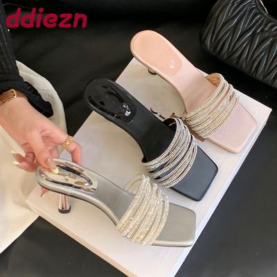 Мода Роскошные Стразы Женские Тонкие Каблуки Шлепанцы Сандалии Обувь Мода Квадратный Носок Элегантные Женские Сандалии на Каблуке Обувь Женские Туфли-Лодочки