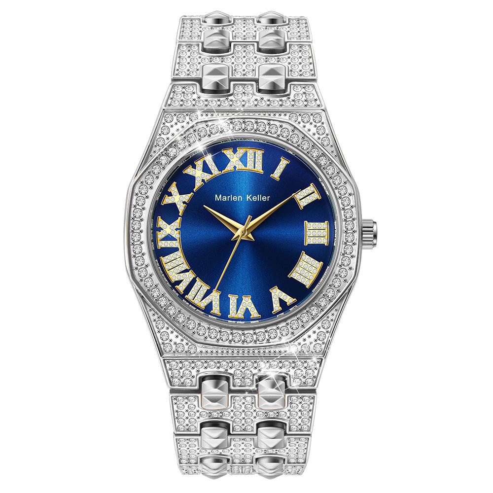 Men's Diamond Quartz Watch Waterproof Iced Out Wristwatch with Roman Numeral Dial, Gold/Silver Bling Hip Hop Watch for Men