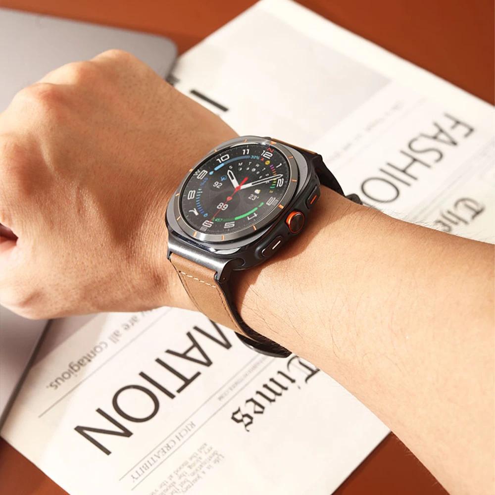 Кожаный деловой ремешок для Samsung Galaxy Watch 8 Classic 46 мм 44 мм 40 мм без зазоров, мужской браслет для Galaxy Watch 7 Ultra 47 мм, роскошный ремешок с изогнутыми концами