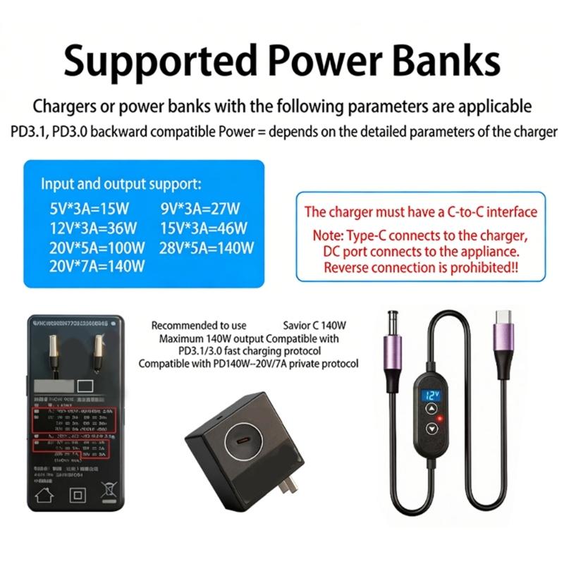 Универсальный кабель-преобразователь Type C на DC5525 5521, PD140W, для различных электронных устройств и зарядных устройств, с регулировкой напряжения