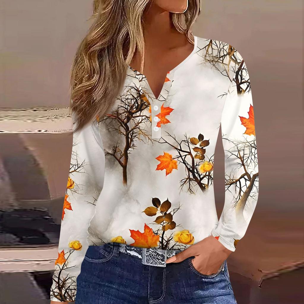 Женская модная повседневная футболка с V-образным вырезом и принтом листьев, с длинными рукавами и декоративными пуговицами