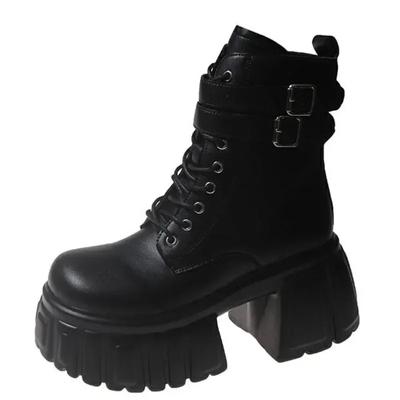 Мода 8.5CM 2024 Весна Черные кожаные ботильоны Женские Осенние туфли на высокой платформе Женские каблуки Массивные мотоциклетные ботинки Ботинки Mujer