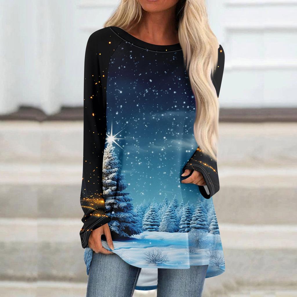 Women's Fashionable Loose Mid-length Round Neck Pullover Christmas Printed Raglan Sleeves Long-sleeved Casual Top