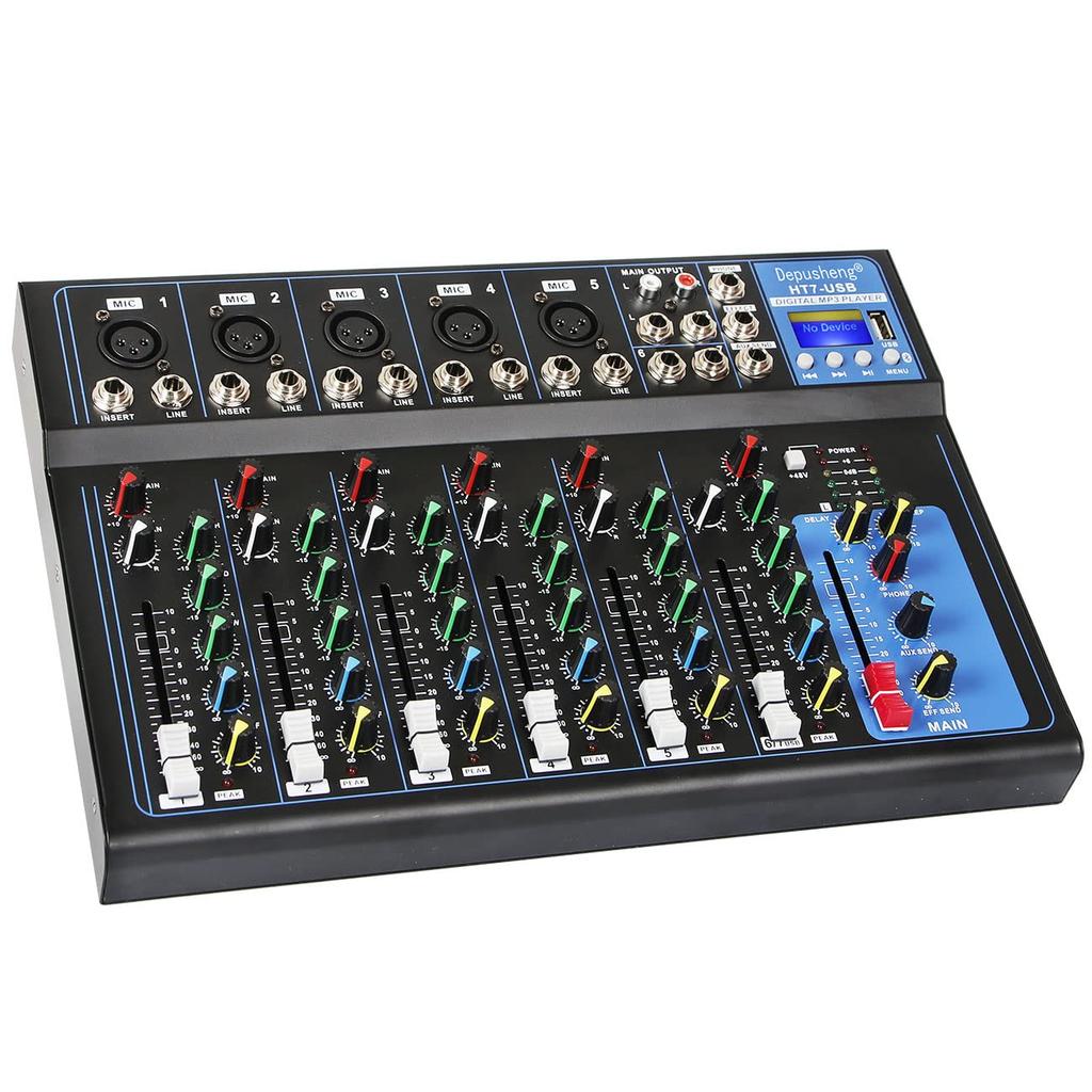 Depusheng HT7 Bluetooth Portable Audio Mixer DJ Sound Mixing Console MP3 Jack 48V Power Computer 7 Channel Band Mixing Board Studio Recording W/USB