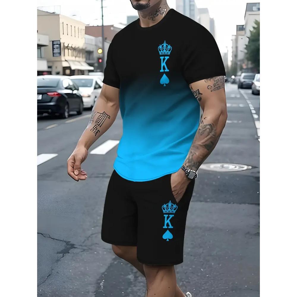 Летний Повседневный Мужской Взрослый Комплект с 3D Принтом Мужская Футболка с Коротким Рукавом Комплект Градиентные Крутые Повседневные Спортивные Шорты Двухпредметный