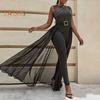 Women Jumpsuit Hollow Out Rhinestone Buckle Decor Mesh Patchwork Pleated High Waist Sleeveless Pure Color Formal Occasion Party Prom Jumpsuit