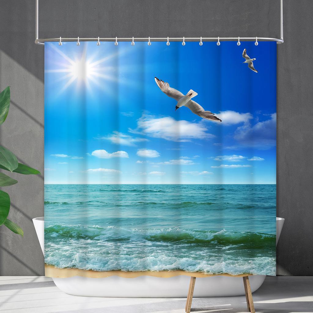Shower Curtain Waterproof And Mildew-Proof Coconut Tree Beach Beach Bathroom Shower Curtain Shower Curtain Partition Curtain Free Punching