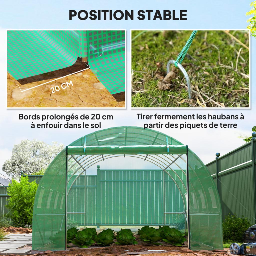 Tunnel Greenhouse, 3 x 4 x 2 m, Roll-Up Door, Large Windows, Galvanized Steel and PE, Green