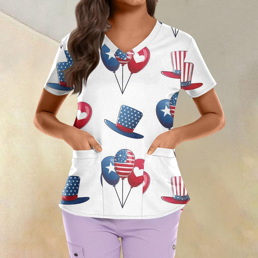 Plus Size Printed Scrub Working Uniform Tops For Women's Cross V Neck Independence Day Print Short Sleeve Fun T-Shirts Workwear Tee With Pockets
