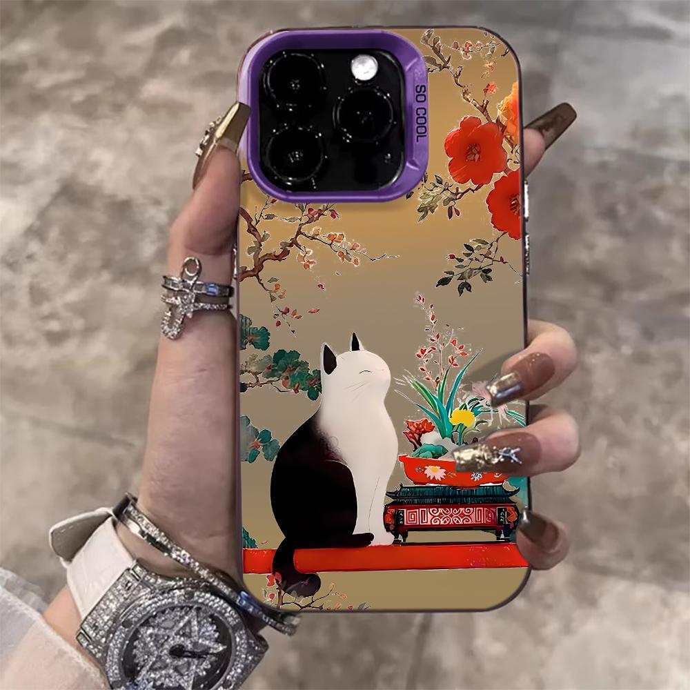 Элегантный китайский сад Кот Чернильница Чехол для iPhone 17 Air 16 E 15 14 13 12 11 Pro Max 8 Plus X IMD Цветная Серебристая Рамка Камеры