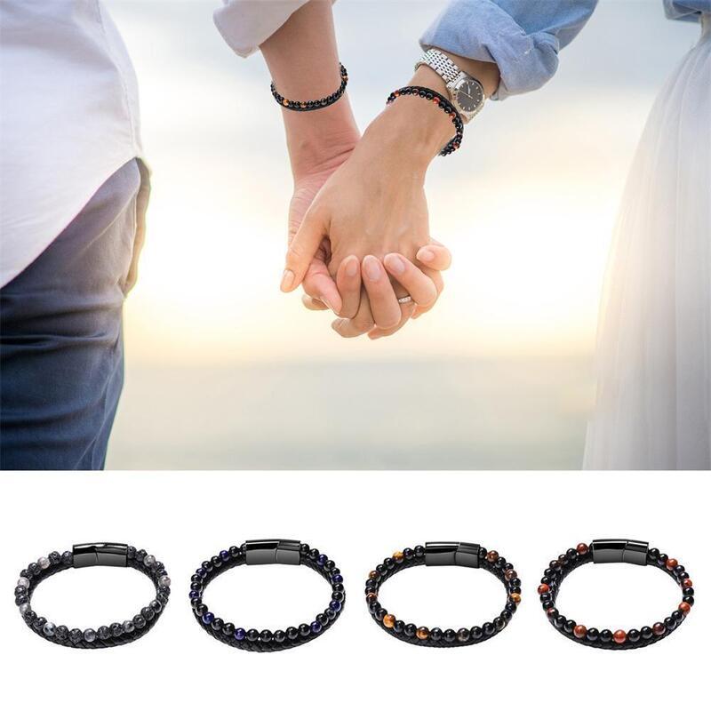 Мужской браслет из вулканического камня в два ряда с застежкой из сплава и кожи, 21 см