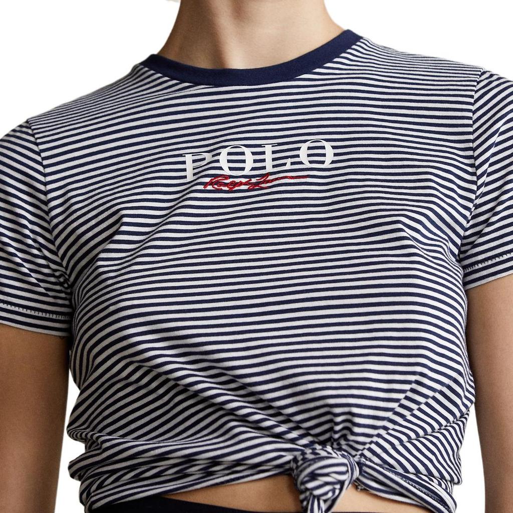 Polo Ralph Lauren Весна-Лето 25 Хлопковая футболка в полоску с вышитым логотипом, круглым вырезом и короткими рукавами, классический крой, женские топы 211838119-001