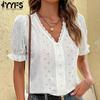 Женские модные повседневные белые однотонные блузки и рубашки с v-образным вырезом и короткими рукавами с принтом