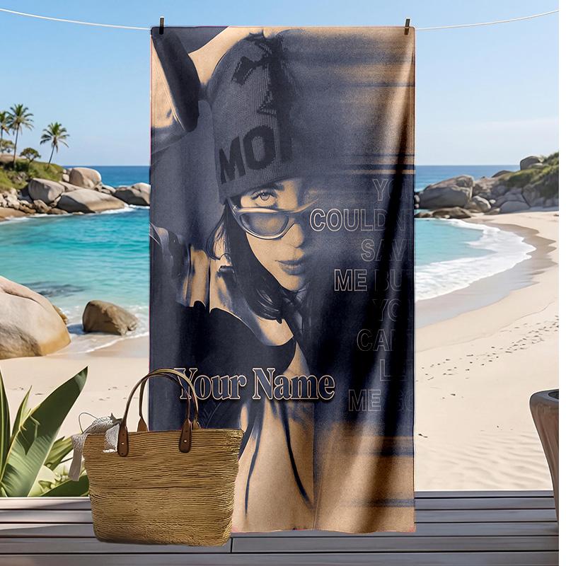 Billie Eilish Custom Beach Towel, Print Your Name Text Lightweight Absorbent Towel for Swimming Travel