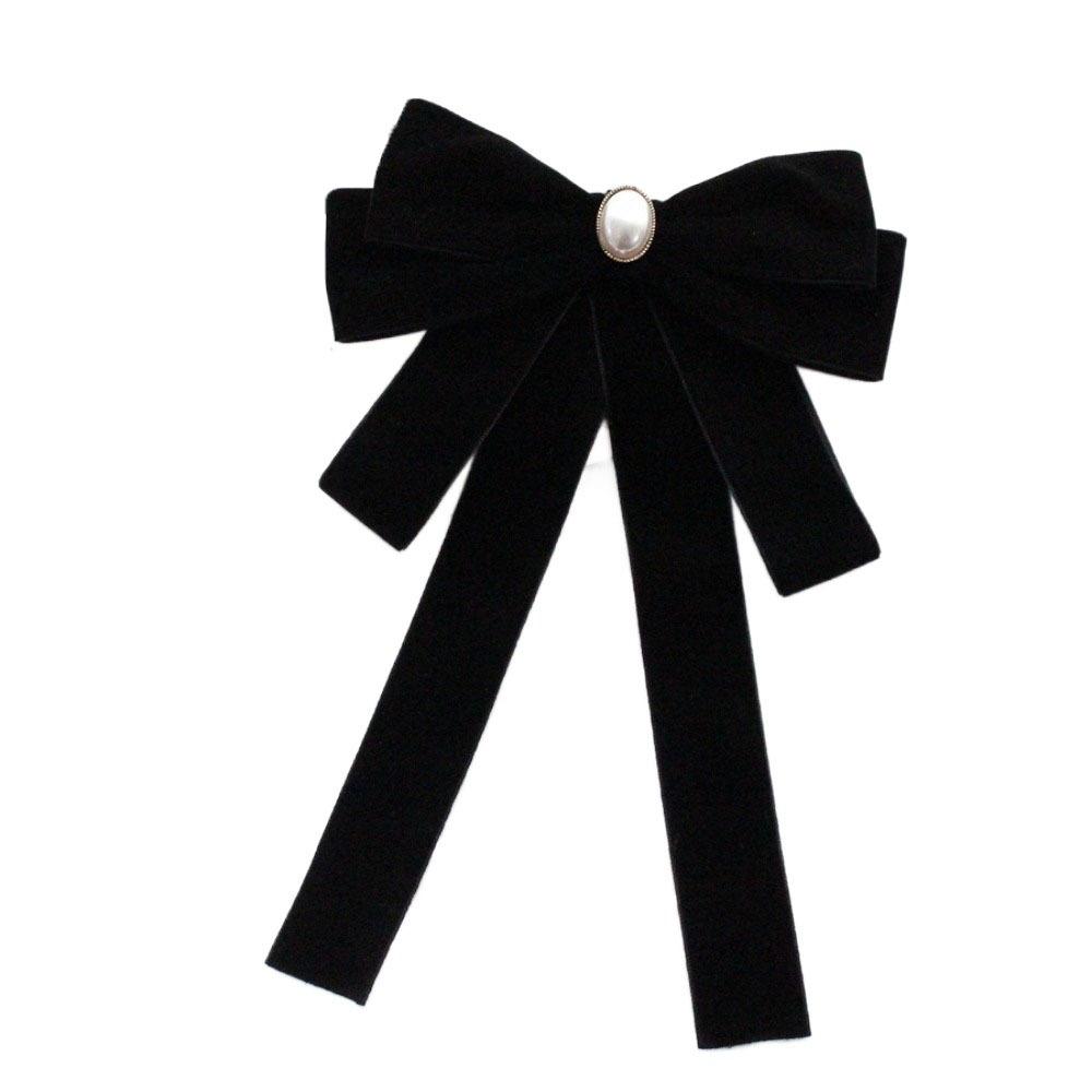 Simple Velvet Black Ribbon Pin Rhinestones Beads Black Bow Necktie Pin Pearl Funerals Memorial Pin Men
