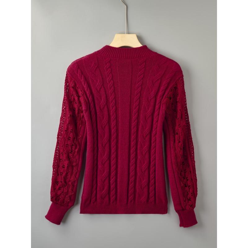 Элегантный женский свитер с кружевной отделкой - воротник-стойка, геометрический узор, осенне-зимний стильСвитер-топ