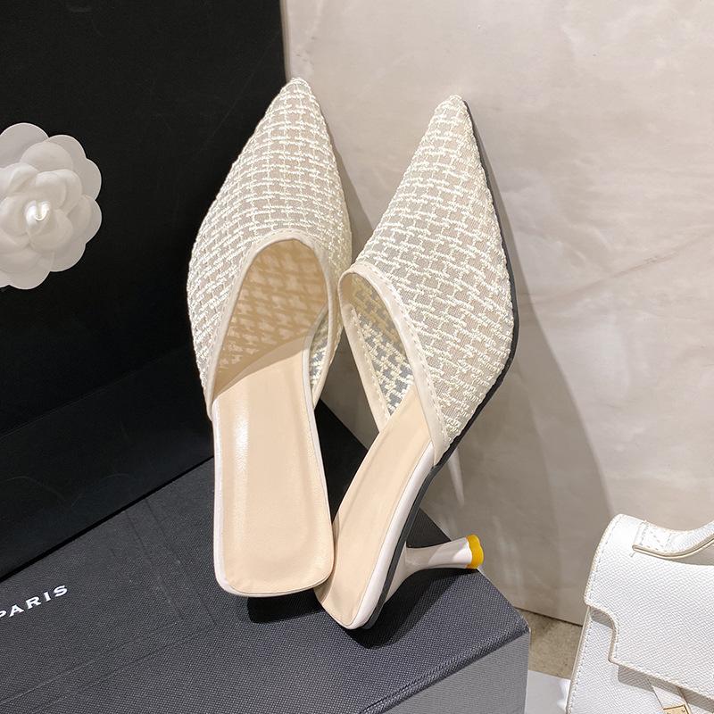 Летняя сумка голова полутапочки женские тонкие каблуки ретро сетка высокие каблуки крутые шлепанцы туфли с острым носком женские