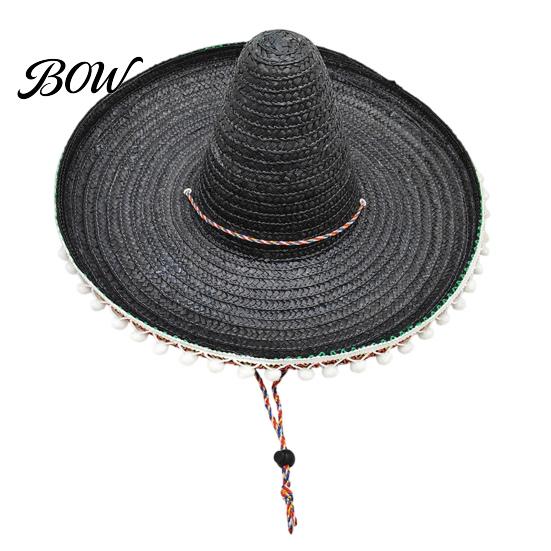 Theme Party Hat Mexican Sombrero with Colorful Poms, Hawaiian Style Woven Straw Sun Hat, Wide Brim Lightweight Costume for Summer Beach