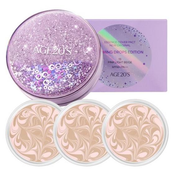 Age 20's Essence Cover Pact Shining Drops Cushion 1 футляр + 3 сменных блока SPF50+/PA++++, Увлажнение, Корейская косметика, Kbeauty, образец