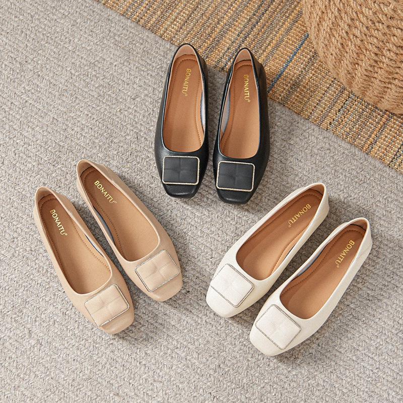 Женские балетки из натуральной кожи, весна 2025: Низкий вырез, Универсальный массивный каблук, Большие размеры 41-43, Идеально для летней работы.