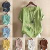 Women's Fashion Round Neck Short Sleeve T-shirt Casual Cotton Linen Graphic Shirt Flowers Prined Summer Blouse Tops
