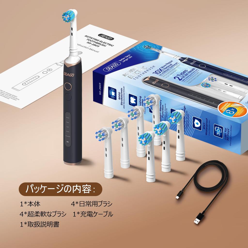 SEAGO Rotary Electric Sonic Double 8 Replacement 5 30 Days 2 Minute Charge Gift for Family Зубная щетка, Зубная щетка, Кнопка, Щетки, Режимы,