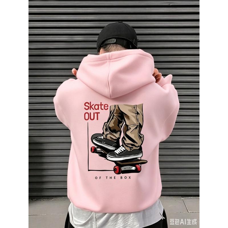 Pánská mikina s kapucí a potiskem loga "Skate Out" pro street skateboardingovou kulturu, volný střih, trendy podzimní/zimní každodenní top