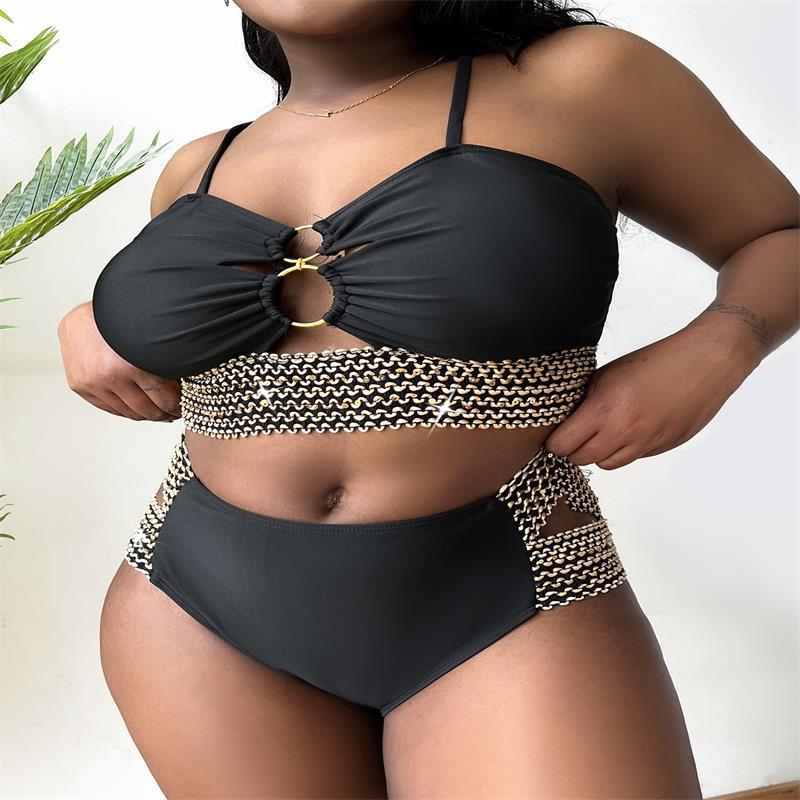 2025 Patchwork Hollow Two Piece Plus Size Bikini Women Strapped High Waist Swimsuit Brazilian Beach Lady Bathing Suit