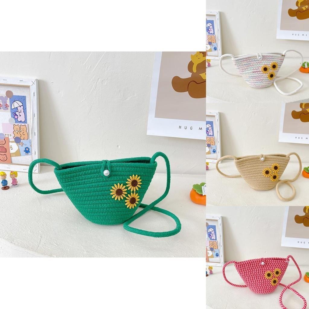 Cute And Modern Children's Woven Tote Bag With Floral Design For Summer Outings