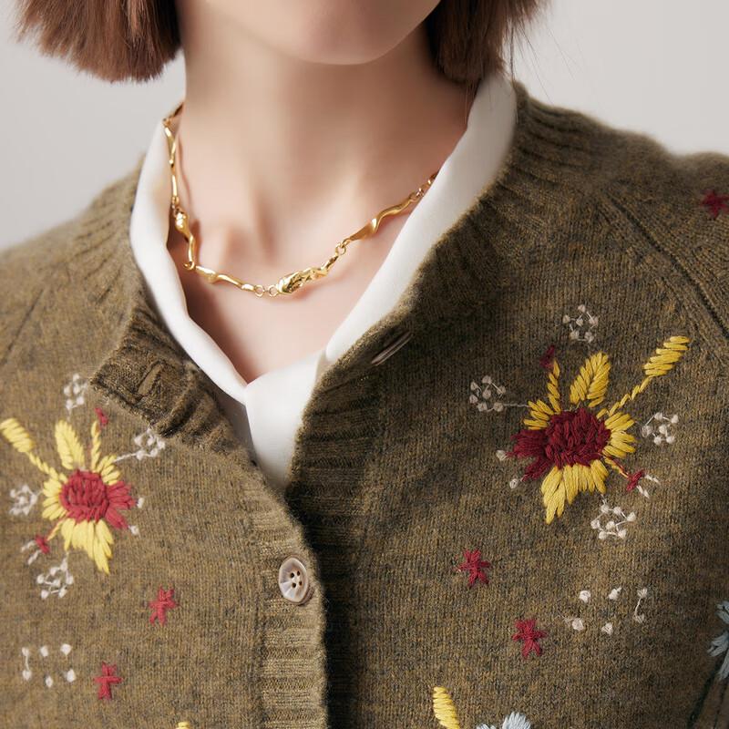 PALUOPO Women's Embroidered Thick 100% Cashmere Round Neck Cardigan