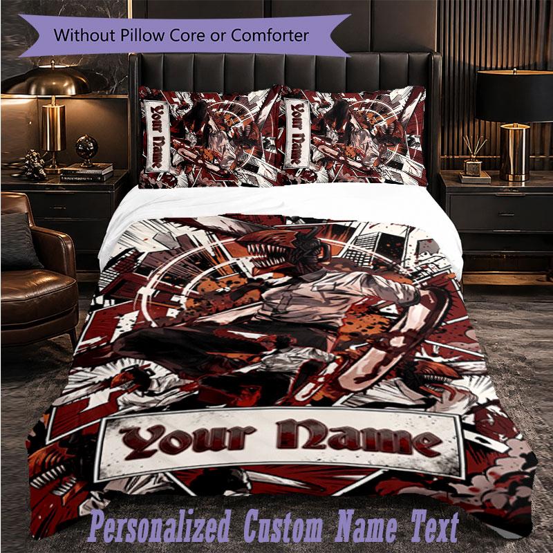 Personalized 3Pcs Bedding SetChainsaw Man Custom Text Duvet Cover Pillowcase Set Bedroom Gift