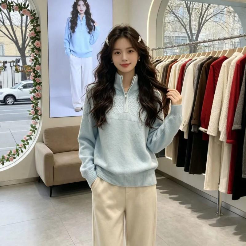 Womens Oversized Knit Sweater With Stand Collar Zipper Soft Fleece-Like Warm Pullover Winter Casual Layering