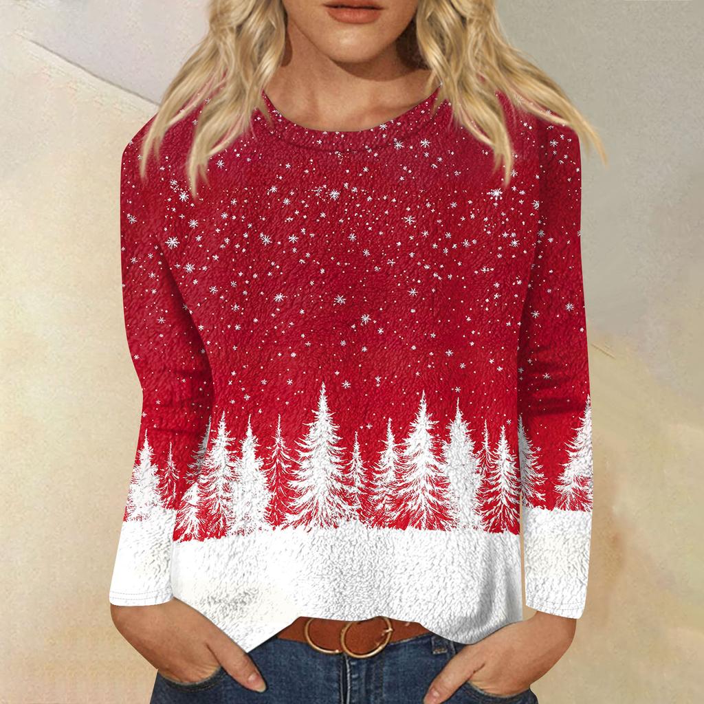 Женская модная повседневная фланелевая футболка с длинным рукавом и круглым вырезом с рождественским принтом