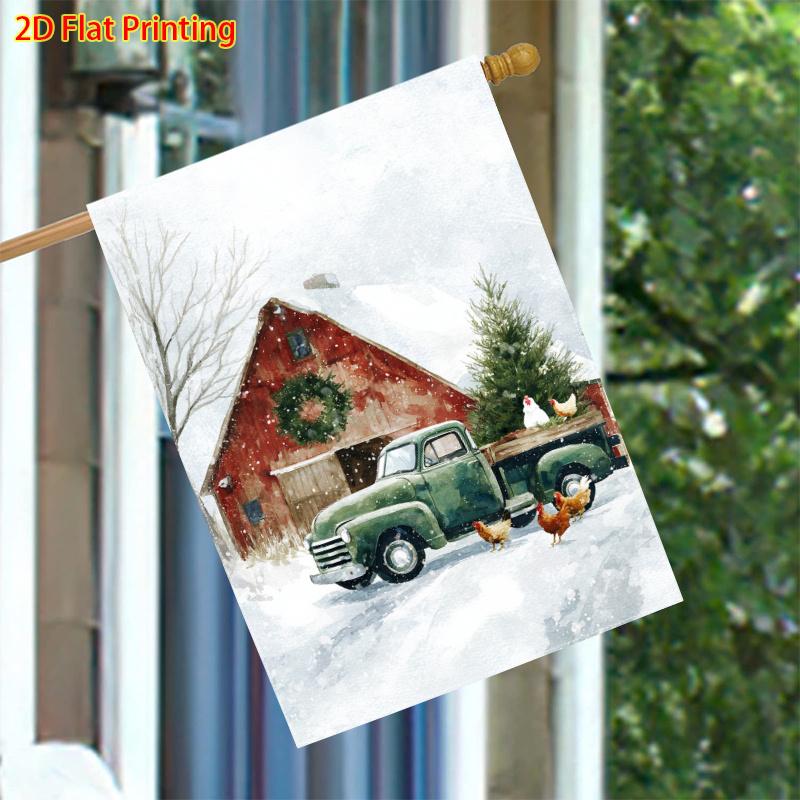 One Piece of a Double-Sided Garden Flag Featuring a Winter Christmas Theme with a Farmhouse, Barn, Truck, And Rooster, Measuring Suitable for Outdoor