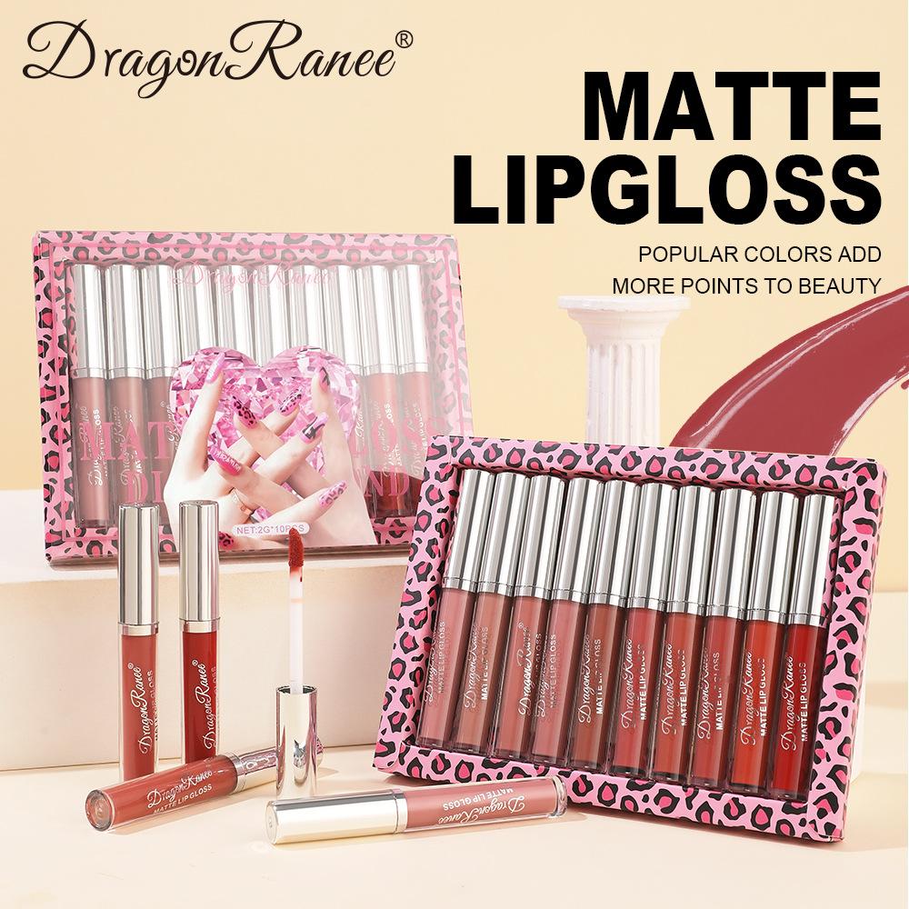 Матовый бархатный блеск для губ, набор, не легко окунуть в чашку, матовый блеск для губ, подарочная коробка, розовая леопардовая помада, набор из 10 блесков для губ, коробка