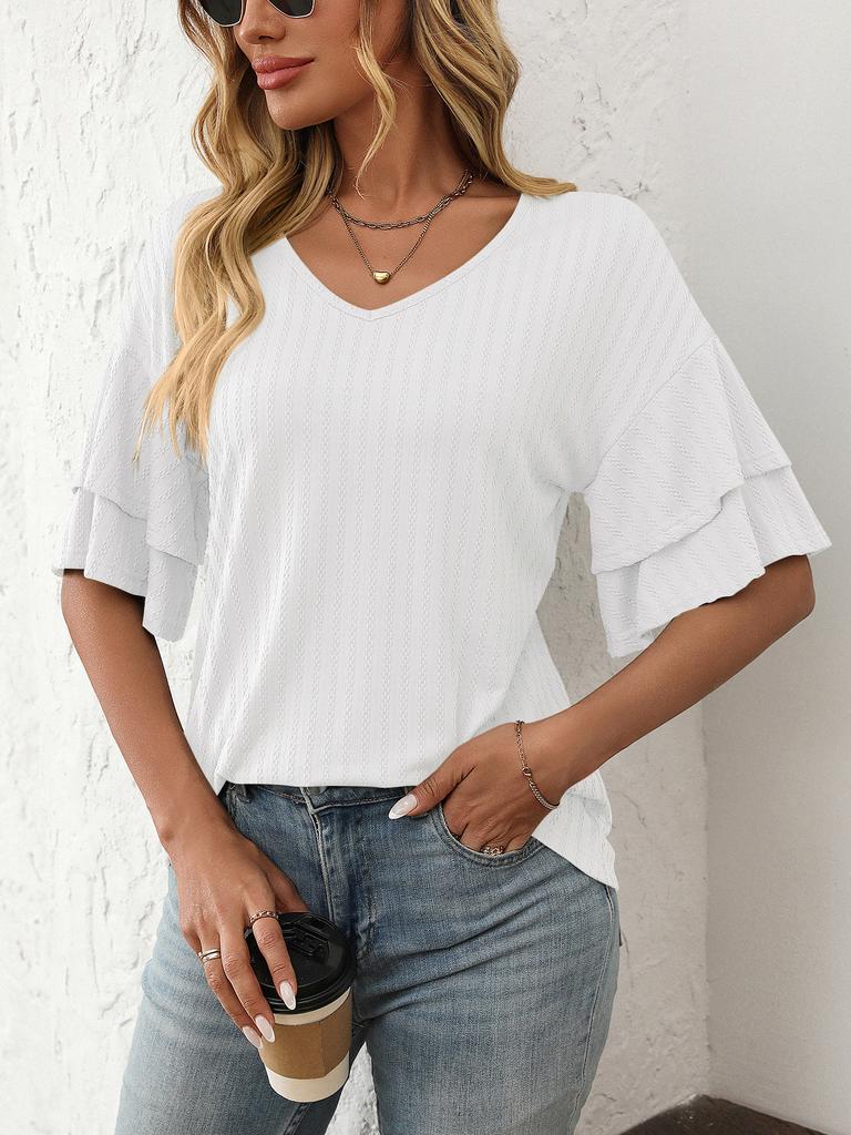 Women's 2025 V-Neck Ruffled Sleeve Short Sleeve T-Shirt, Solid Color Casual Summer Blouse with Flowy Hem for Daily & Vacation Outfits