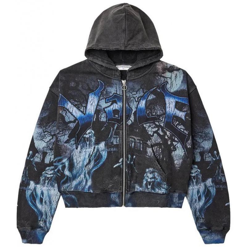2026 Euro-American Trendy Retro Digital Print Y2K Couple Zipper Hoodie
