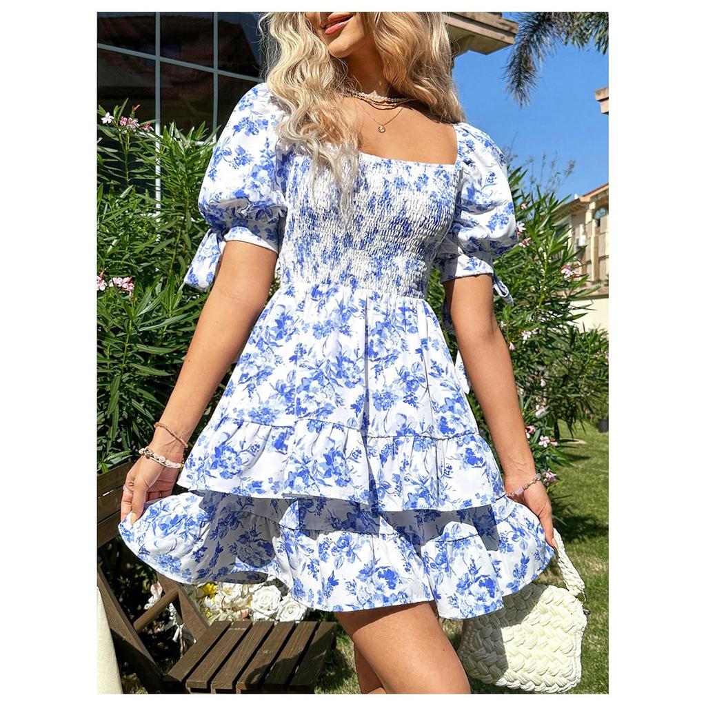 Women's Fashionable Floral Print Square Neck Pleated Short Sleeved Vacation Casual Dress