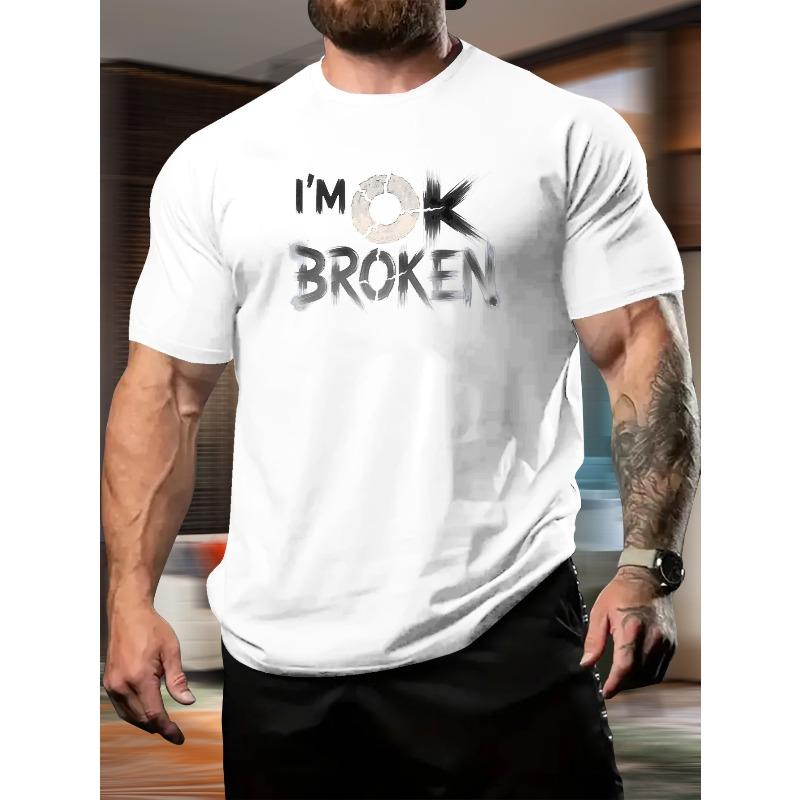 Мужская футболка с коротким рукавом белого цвета с принтом I'M OK BROKEN для повседневной носки и фитнеса