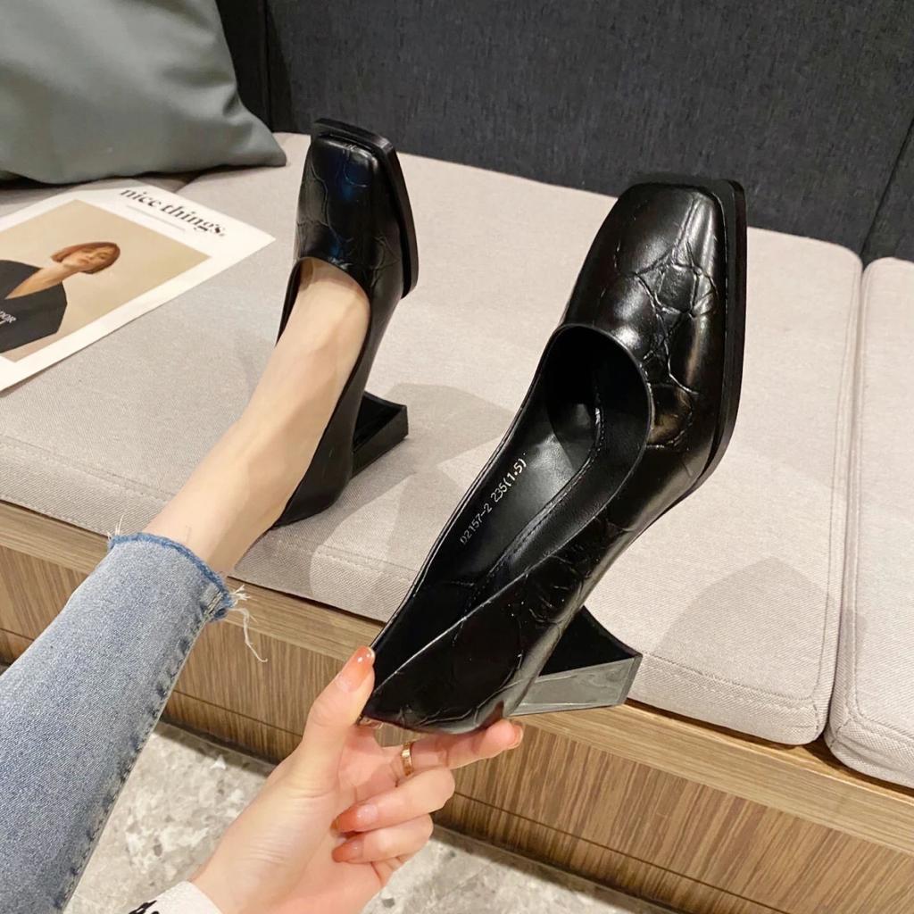 Temperament Retro Thick-Heeled Single Shoes Shallow Mouth Square Toe Small Leather Shoes Brown Platform Party Dress Ladies Pumps