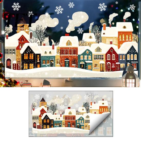 Winter Snow Village Stickers Christmas Static Window Clings, Town Snowflake Decals, Indoor Outdoor Scene Glass for Home Holiday Decor Decoration