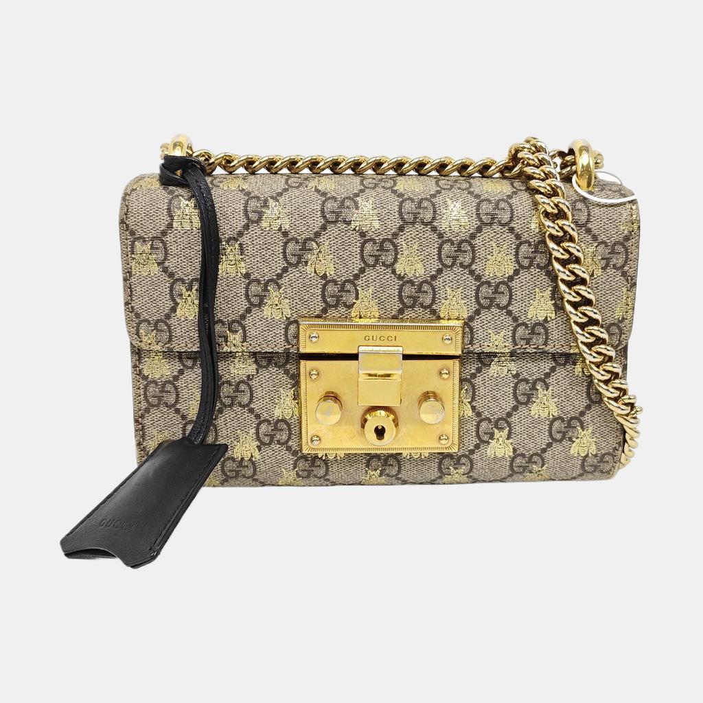 [Pre-Owned] Padlock Metal Lock Bee Print Vintage Logo Canvas And Leather Lock Clutch Box Chain Crossbody Shoulder Bag - Good #1RNODNZ