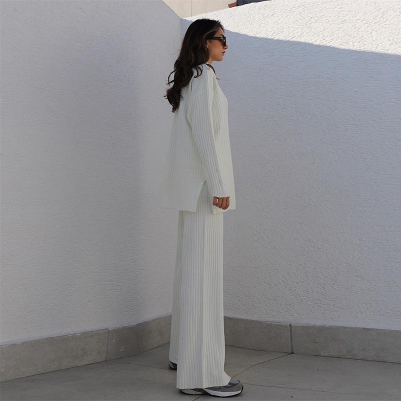 Комплект из двух предметов, женские вязаные комплекты с широкими брюками, винтажный осенне-зимний свитер с полувысоким воротником, свободная уличная одежда, повседневная одежда
