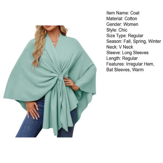 Women Shawl Coat V Neck Fall Winter Oversized Poncho Keep Warm Pure Color Windproof Open Front Shoulder Wraps with Bat Sleeves