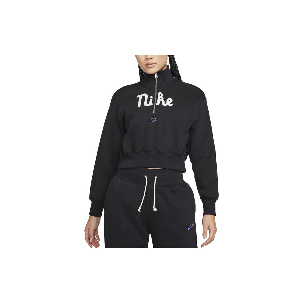 Nike Sportswear Letter Print Half-Zip Cropped Sweatshirt Women Tops Black FQ7980-010