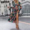 Женская мода весна осень цветочный принт длинный рукав V-образный вырез высокая талия повседневные платья