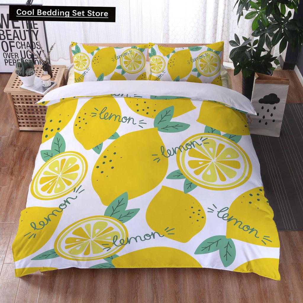 Постельный комплект с принтом лимонов Желто-зеленый Фруктовая тематика Розовый Пододеяльник Размер Кинг/Евро Милый Мультяшный 2/3 шт. Полиэстеровый Чехол для одеяла